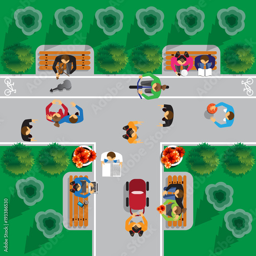 People walking on the street. Top view. Vector illustration