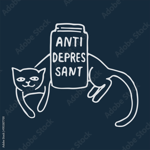 Cat antidepressant - hand drawn lettering phrase for animal lovers on the dark blue background. Fun brush ink vector illustration for banners, greeting card, poster design.