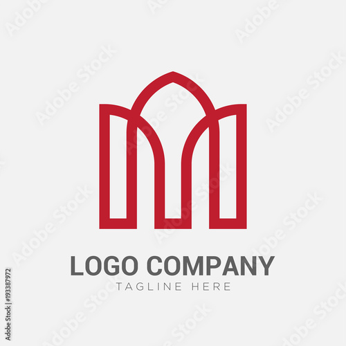Letter M logo vector. Simple and clean flat design of mosque logo vector template, Building logo concept. Vector art