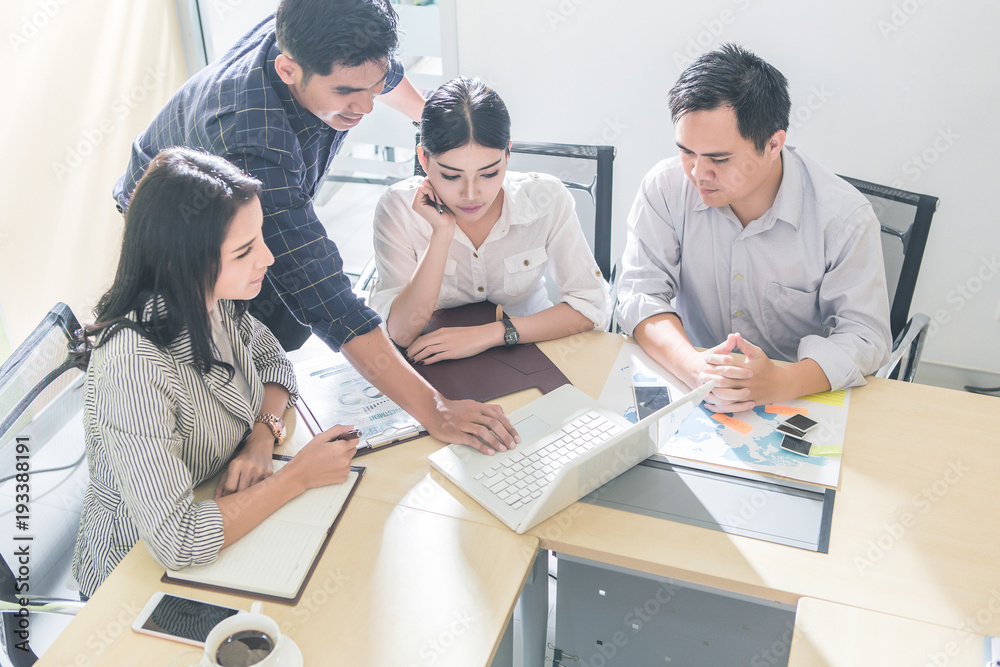 Business people meeting time working with new startup project. Idea presentation, analyze plans. Businessman and team talking and briefing of business plan and strategy