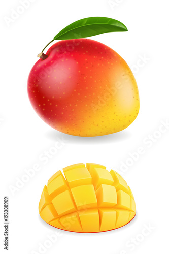 Fresh mango fruit with slices realistic isolated illustration