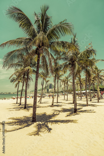 View through the palms to Copacabana Beach in Rio de Janeiro, Brazil. Vintage colors