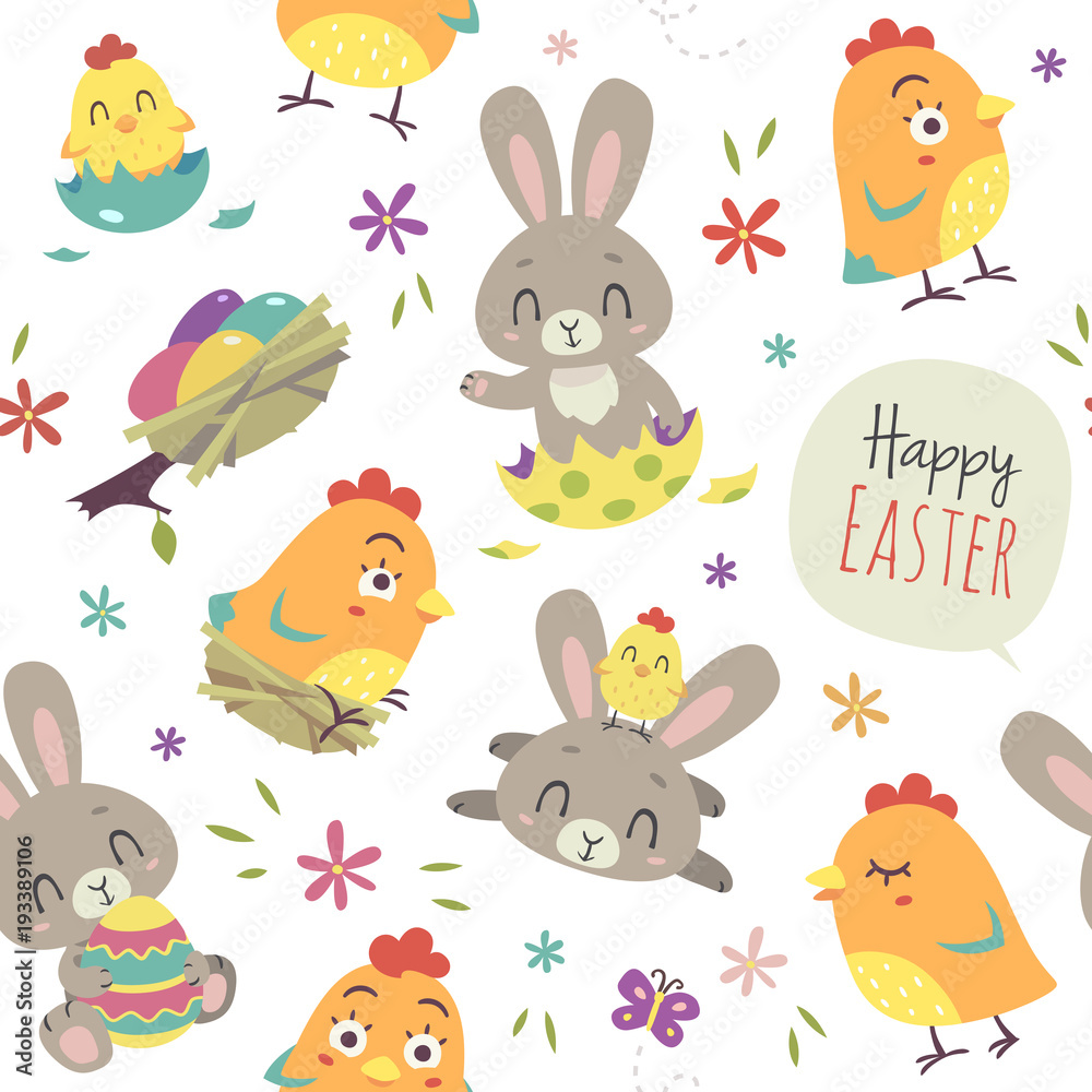 vector cartoon style Easter bunny and chicken seamless pattern on a white background vector cartoon style Easter bunny and chicken seamless pattern on a white background