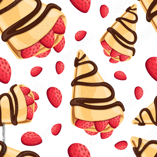 Seamless pattern of crepe with strawberry and chocolate tasty pancakes vector illustration on white background web site page and mobile app design