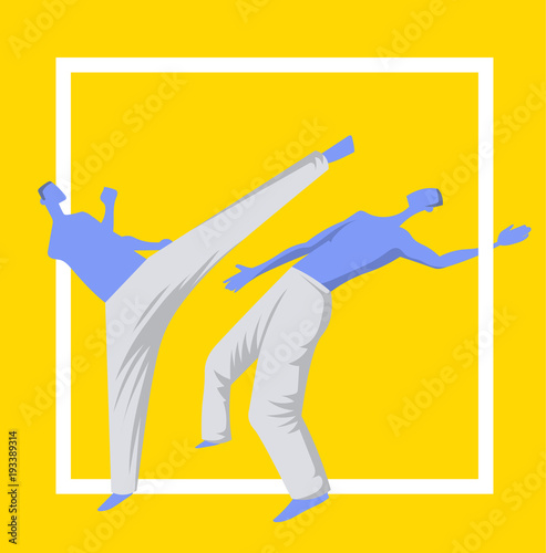 Capoeira, the traditional Brazilian martial art. Two men fighting. Vector illutration, design template for sport poster.