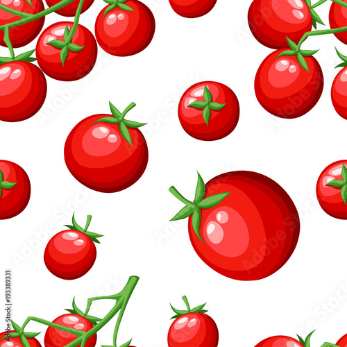 Seamless pattern of fresh cherry tomatoes vegetable from the garden organic food red tomato on green branch vector illustration isolated on white background web site page and mobile app design
