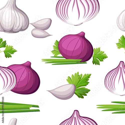 Seamless pattern of fresh red onion and white garlic vegetable from the garden organic food vector illustration isolated on white background web site page and mobile app design