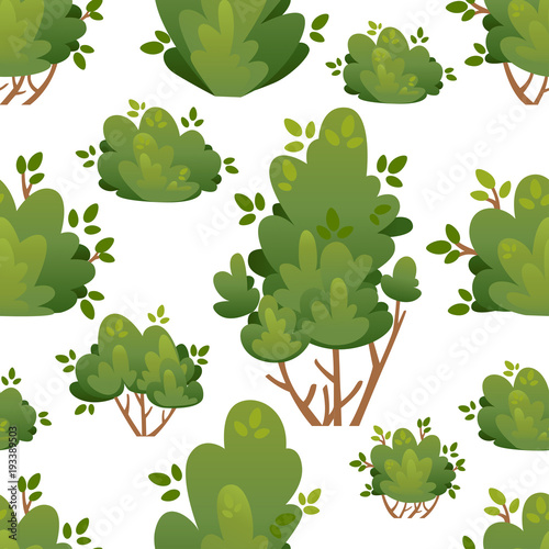Seamless pattern of natural bushes and garden trees for park cottage and yard vector illustration with place for your text isolated on white background website page and mobile app design