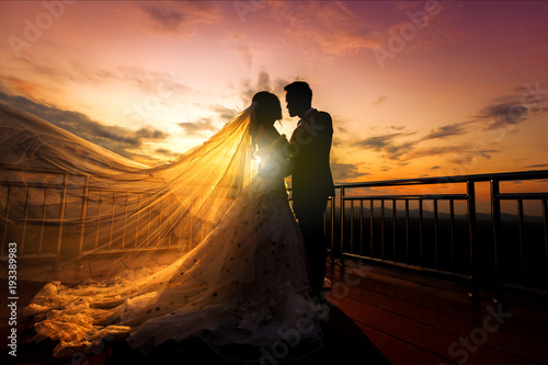 silhouette of wedding Couple in love kissing and holding hand together during sunset with evening sky background photo
