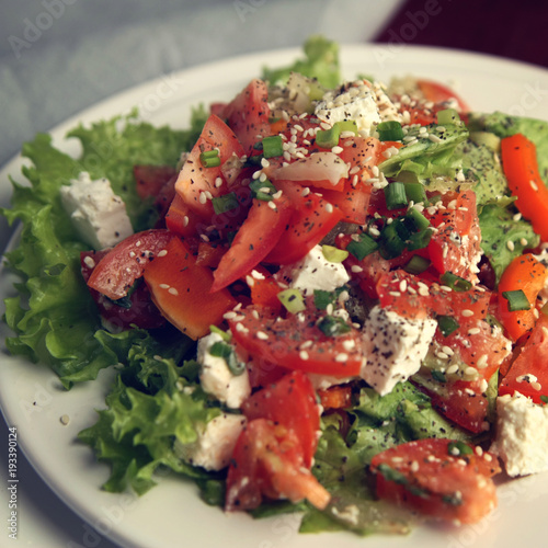 Tomato salad on the white plate. European cuisine. Close up. Colorful salad with vegetables and cottage cheese. Lacto vegetarian dish. Tomatoes, celery, leafy greens and sesame seeds. photo