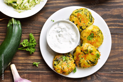Canvas Print Vegetable cutlet from carrot, zucchini, potato with sauce.