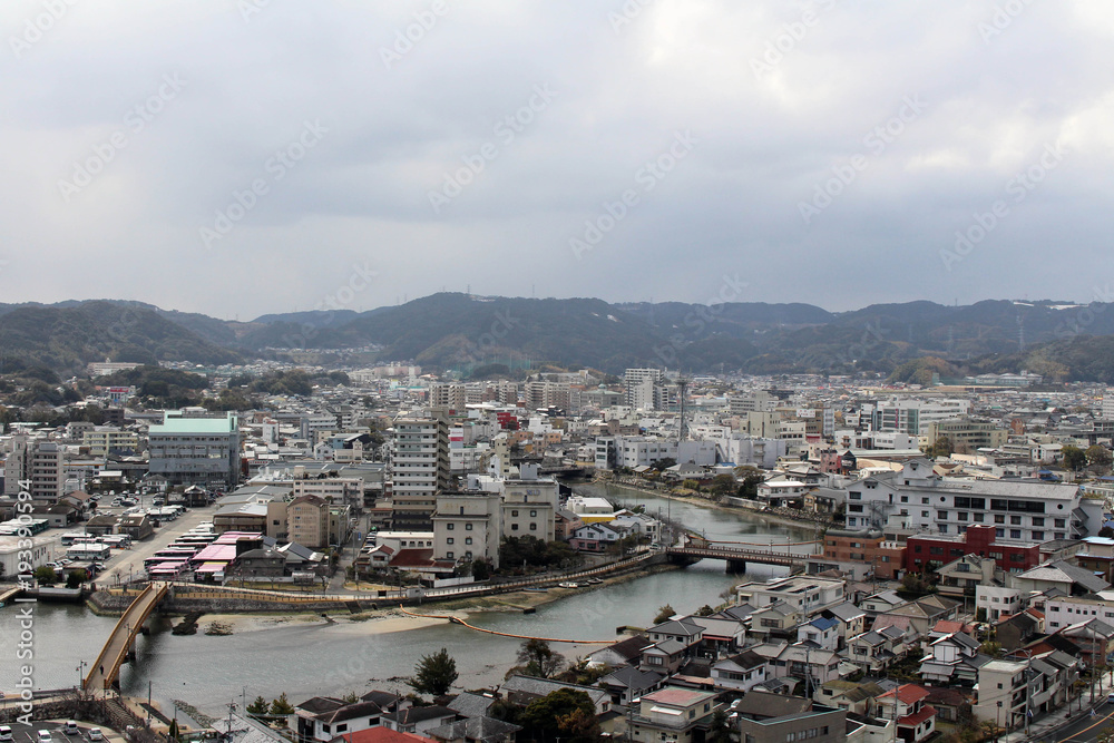 The view of Karatsu city from the castle. It's located by the sea The view of Karatsu city from the castle. It's located by the sea