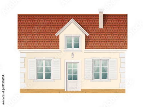 Small cute residential house. Front view of suburban building. Vector detailed illustration.