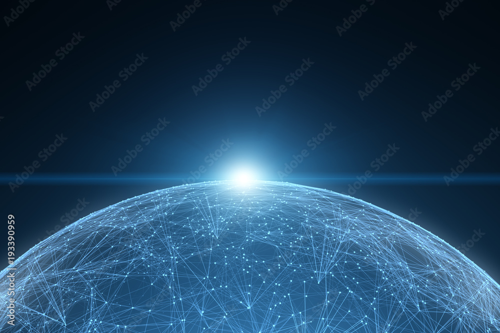 Obraz premium Fantasy network globe with lines, dots and triangles. View from space.