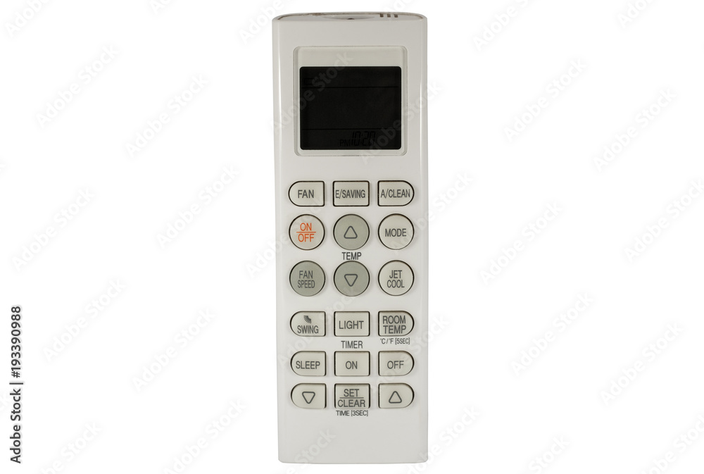 Old air conditioner remote control with multi option button, swing, fan, saving, on/off, clean, light, sleep, jet cool, temp, and fan speed isolated on white background, Clipping path inside. Old air conditioner remote control with multi option button, swing, fan, saving, on/off, clean, light, sleep, jet cool, temp, and fan speed isolated on white background, Clipping path inside.