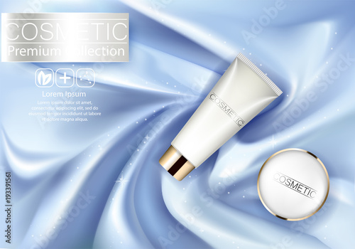 Cosmetic ads Design Template. Realistic tube cream on silk texture background. Beautiful Premium stock vector illustration. Package 3d design.