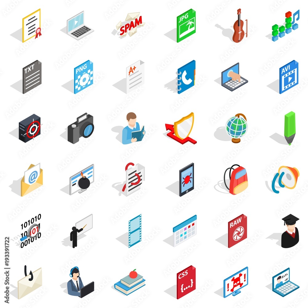 Exercise book icons set, isometric style Exercise book icons set, isometric style