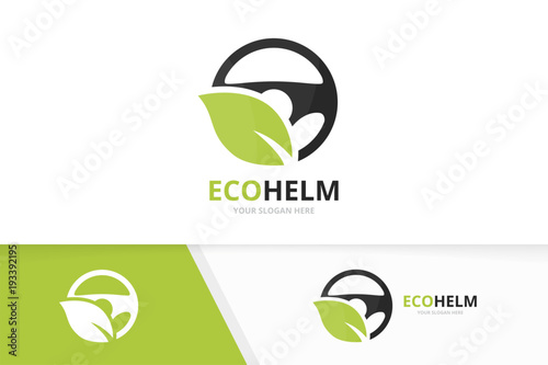Vector car helm and leaf logo combination. Steering wheel and eco symbol or icon. Unique rudder and organic logotype design template.