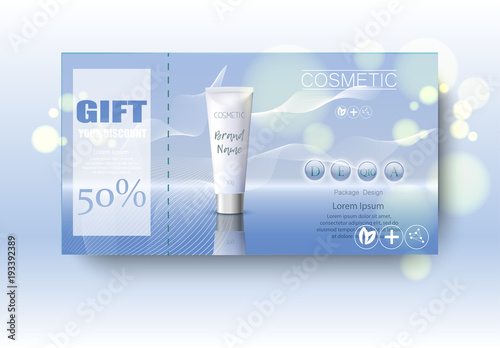 Gift vaucher cosmetics. Discount poster. Package design template. Ads vector realistic illustration 3d. photo