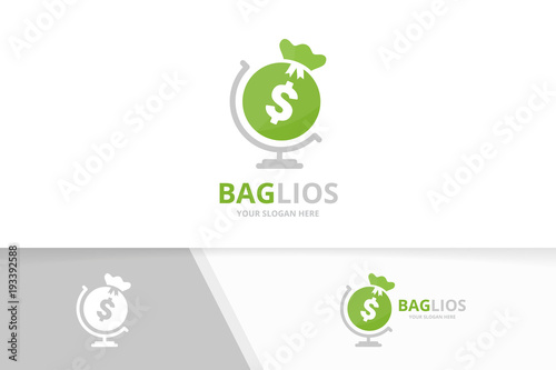 Vector bag and globe logo combination. Sack planet symbol or icon. Unique money logotype design template.