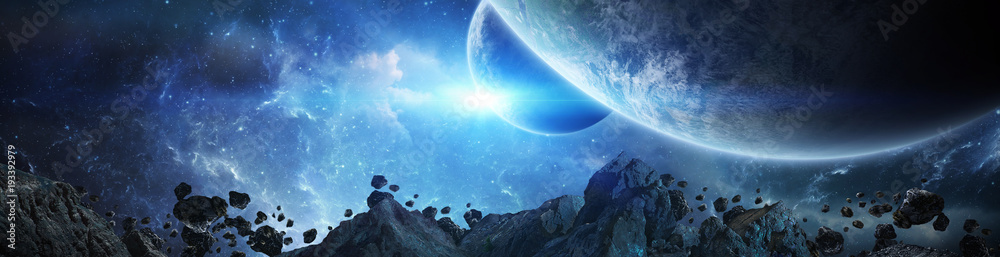 Obraz premium Panorama odległego systemu planet w przestrzeni Elementy renderowania 3D tego obrazu dostarczone przez NASA