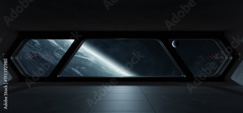 Spaceship futuristic interior with view on planet Earth