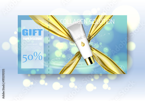 Gift vaucher cosmetics. Discount poster. Package design template. Ads vector realistic illustration 3d. photo