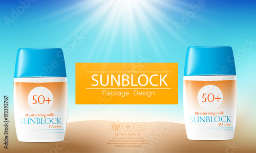 Sunblock ads template, sun protection cosmetic products. 3D illustration for magazine or ads.Bottle products design with moisturizer milk, cream or liquid.