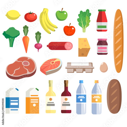 Fresh food from grocery set, vector illustration in flat style. Different food and beverage products - market basket, grocery shopping. Milk, juice, water, fruits, vegetables, meat, fish, wine, bread