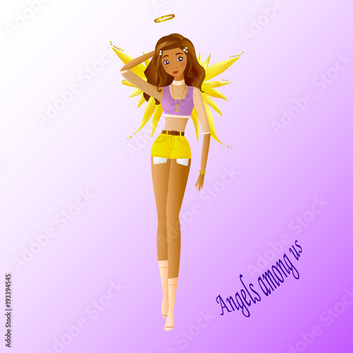angel, young girl with brown hair, in yellow shorts, purple top and with yellow wings and halo, angels among us