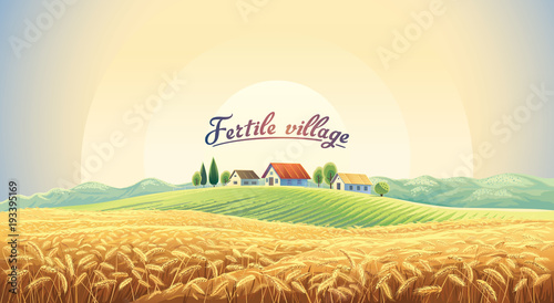 Rural landscape with a wheat field and a village on a hill. Vector illustration.