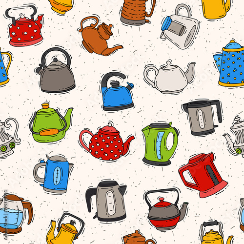 Teapot and kettle vector teakettle to drink tea on teatime and boiled coffee beverage in electric boiler in kitchen illustration kitchenware set seamless pattern background