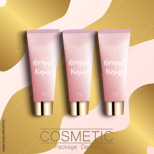 Realistic 3D template design cosmetics packaging. Tube cream is a bright, fashionable, youthful background, a top view. Advertising of fashionable cosmetics. photo