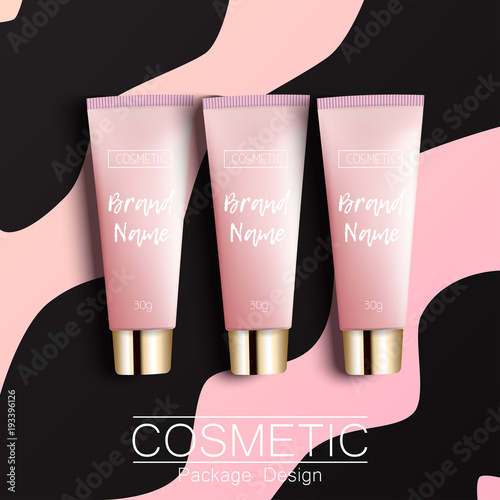 Realistic 3D template design cosmetics packaging. Tube cream is a bright, fashionable, youthful background, a top view. Advertising of fashionable cosmetics. photo