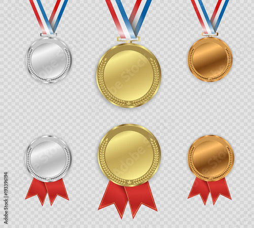 Set of gold, bronze and silver. Award medals isolated on transparent background. Vector illustration of winner concept.