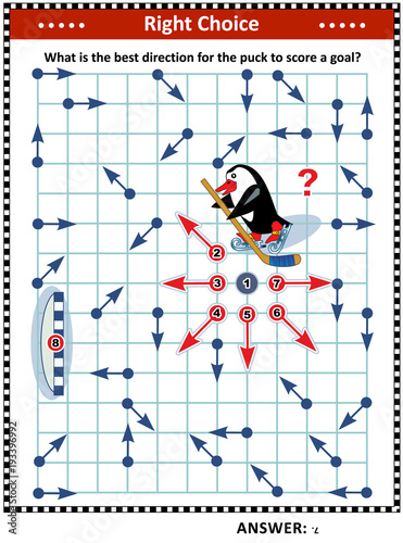 Ice hockey themed visual puzzle with penguin the hockey player: What is the best direction for the puck to score a goal? Answer included.
