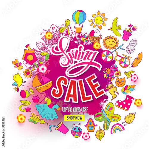 Hand drawn Big Spring Sale ink splash and Doodles art. For banners, posters, flyers, cards, invitations, labels. Vector illustration. Colorfull detailed objects and symbols isolated on background