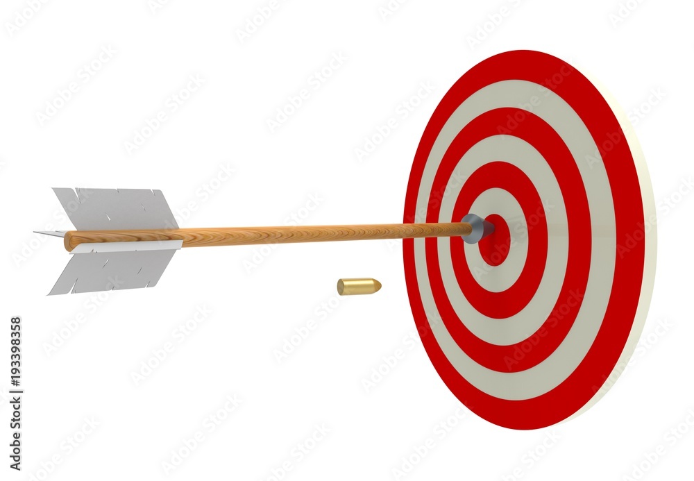 target and an arrow and bullets approaching to it. Training shooting. Shots. 3D rendering. Archery