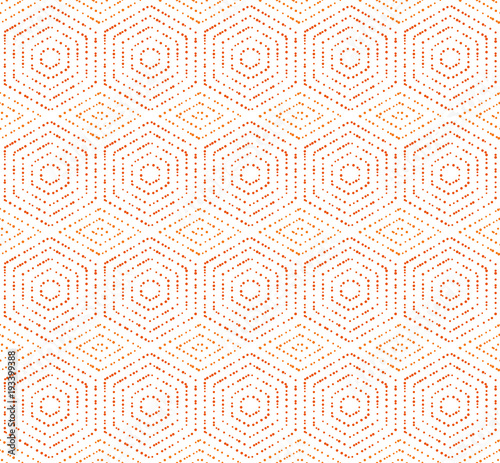 Geometric repeating vector ornament with hexagonal orange dotted elements. Geometric modern ornament. Seamless abstract modern pattern