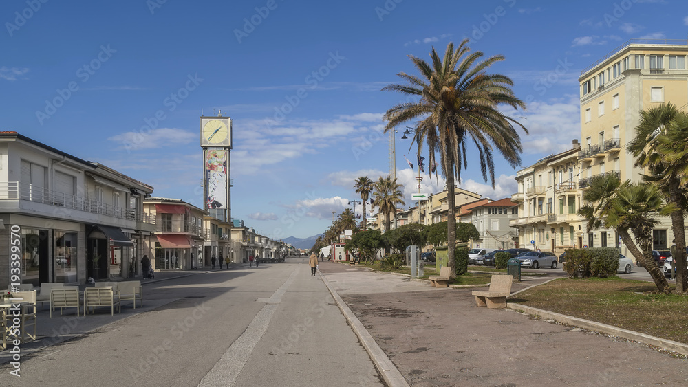 Seafront and clock tower in Viareggio, Lucca, Tuscany, Italy