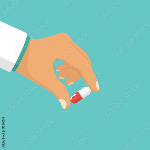 Pills in hand. Doctor hold of capsule fingers. Take painkillers. Medical treatment concept. Healthcare. Medical drugs. Pharmacist give tablets. Illustration flat design. Isolated on background.