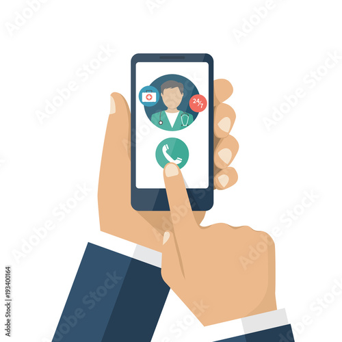 Call doctor. Medical advice online. Human calls doctor with a smartphone. Ambulance concept.