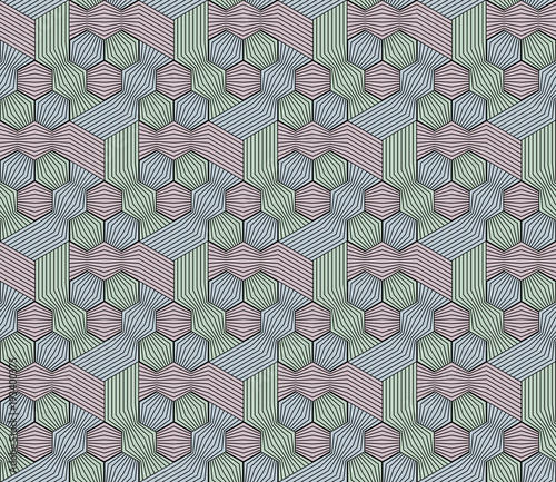 Abstract seamless surround pattern of cubes and threads.
