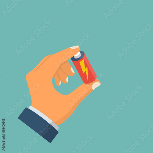 Man holds battery in hand. Battery energy power clousup. Vector illustration isometric design. Isolated on white background. 