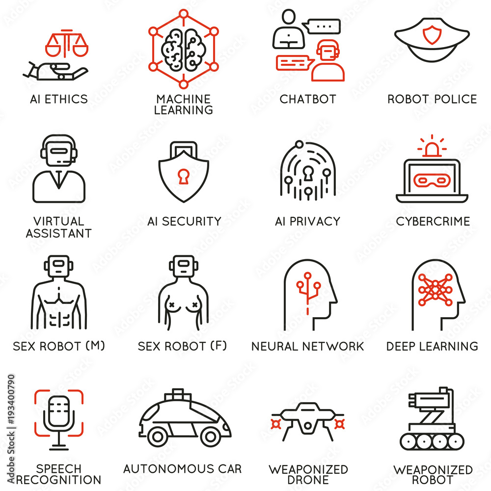 Vector set of 16 linear icons related to artificial intelligence ethics ...