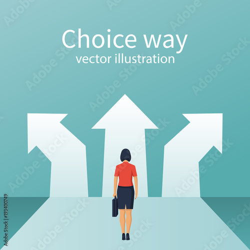 Businesswoman stands before choosing. Way forward concept. Choice way. Vector flat style design. Achieve goal. Crossroads arrows. Decide direction. 
