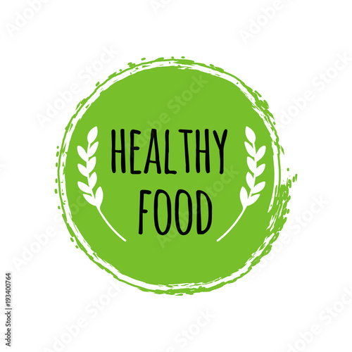 Healthy food logo. Green circle brush. Vegan badge
