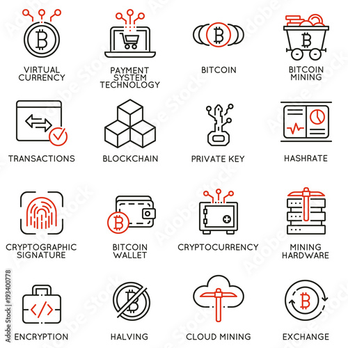 Vector set of 16 linear icons related to virtual currency, digital money, cryptocurrency and bitcoin mining. Mono line pictograms and infographics design elements