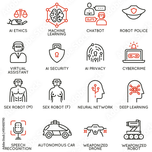 Vector set of 16 linear icons related to artificial intelligence ethics and machine and deep learning. Mono line pictograms and infographics design elements