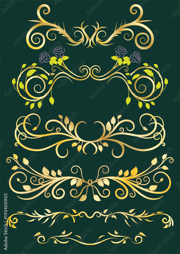 Gold classical antique floral borders on green background. To be used for holidays, celebrations or happy events Gold classical antique floral borders on green background. To be used for holidays, celebrations or happy events